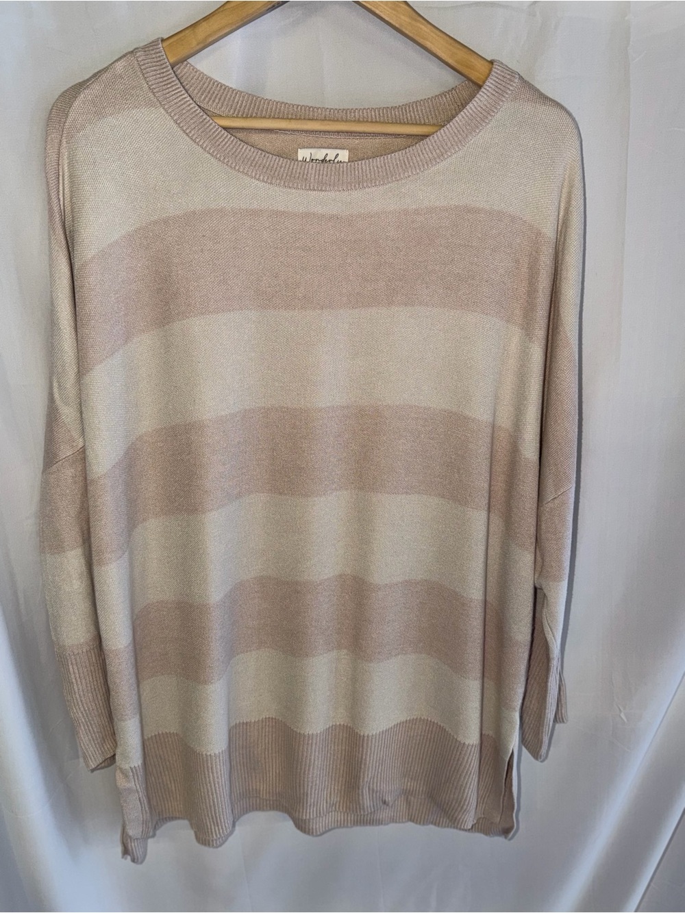 Wonderly Cream and Beige Striped Scoop Neck Sweater